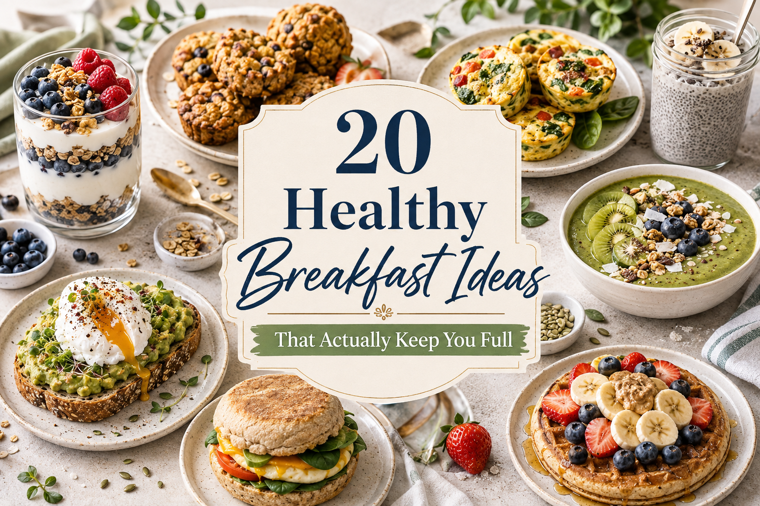 20 healthy breakfast ideas with nutritious meals including avocado toast, yogurt bowls, oats, eggs and smoothies